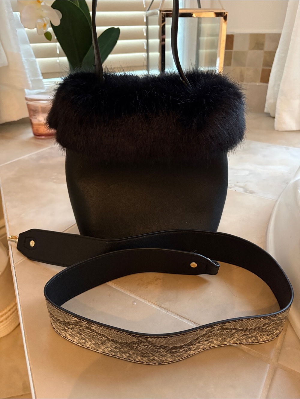 Black Faux-Fur Trim Leather Bucket Bag with Removable Strap